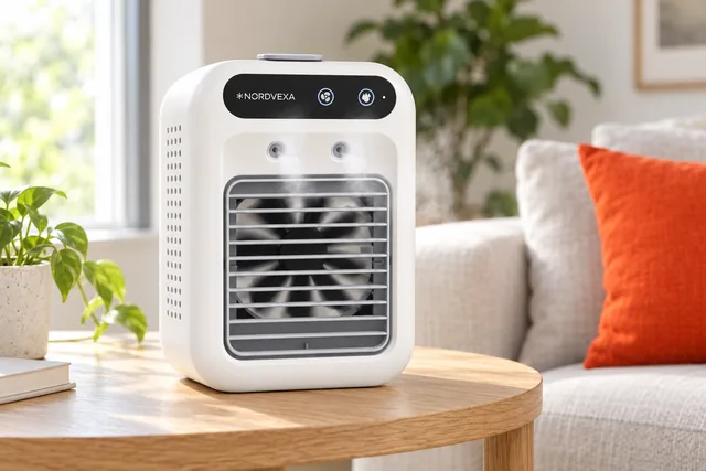 The white NordVexa cooler on a wooden side table beside a sofa, a little mist rising from its two nozzles above the fan grille