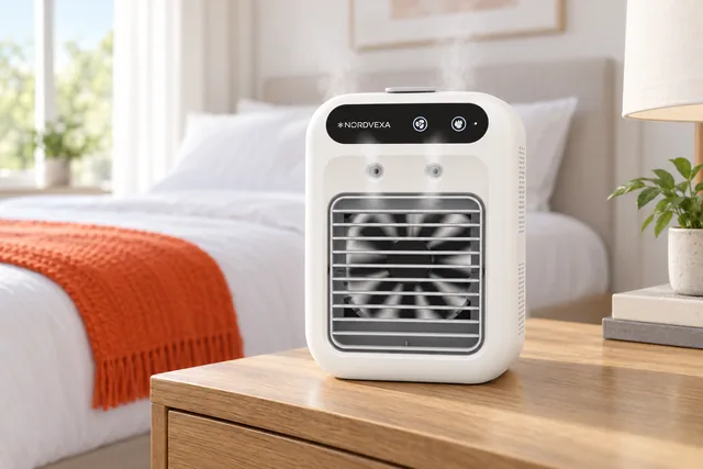 The white NordVexa on a wooden bedside table beside a made bed, mist rising from its nozzles