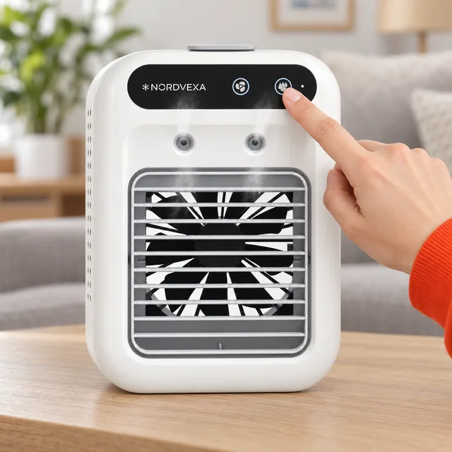 A fingertip touching an icon on the black top panel of the white NordVexa, fine mist rising from its two nozzles