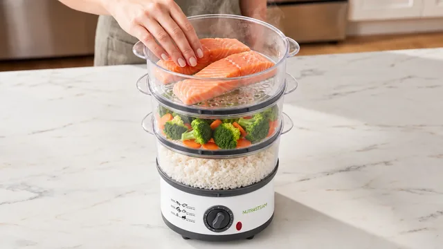 A hand laying salmon fillets in the top basket of the NutriSteam, broccoli and carrots in the middle basket and rice in the bottom one, on a marble worktop