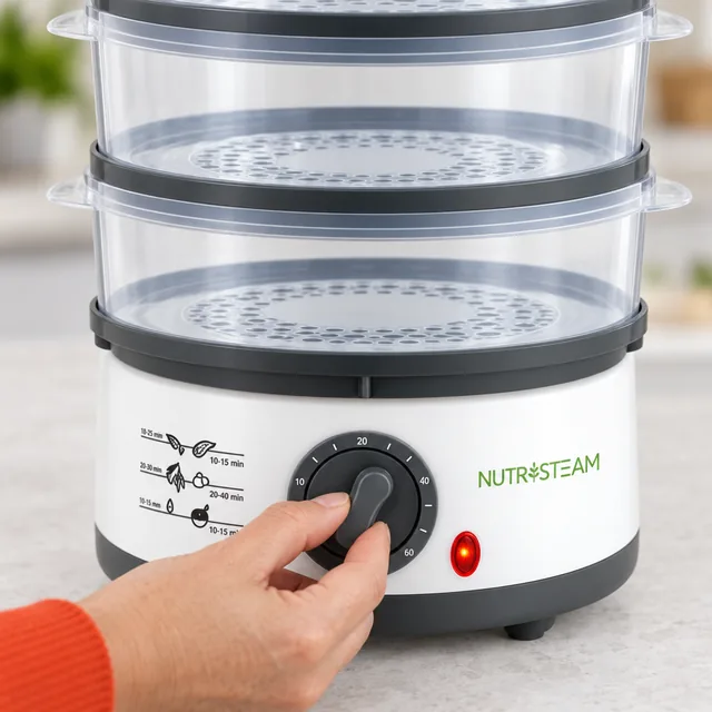 A hand turning the timer dial on the white base of the NutriSteam, its red light lit and the empty clear tiers above
