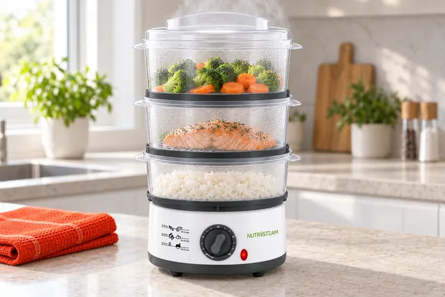 The white NutriSteam on a stone kitchen worktop with its three clear tiers stacked, broccoli and carrots on top, a salmon fillet in the middle and rice at the bottom, its red light lit