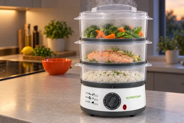 The white NutriSteam steaming on a kitchen worktop in warm evening light, its three tiers full of vegetables, salmon and rice, a clear hob behind