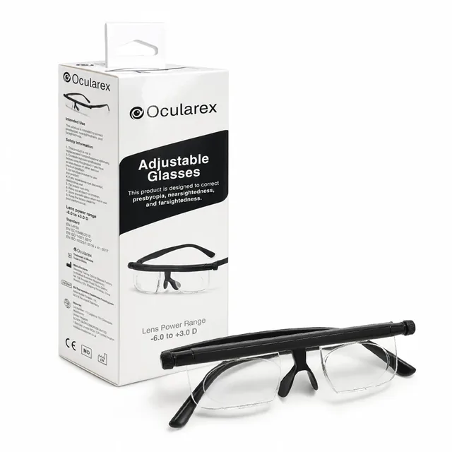 The black Ocularex adjustable glasses lying in front of their white box, the box printed Ocularex and Adjustable Glasses