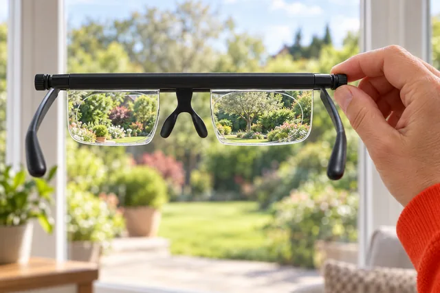 A hand holding the black Ocularex glasses up to a sunny garden window, fingers at the dial on the end of the top bar