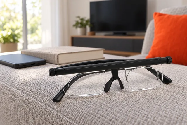 The black Ocularex glasses resting on the arm of a sofa beside a book and a phone, a television behind
