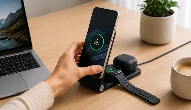A hand setting a phone on the OnyxArc's stand on a wooden desk, a watch on its round pad and an earbuds case on its square pad, a laptop beside it