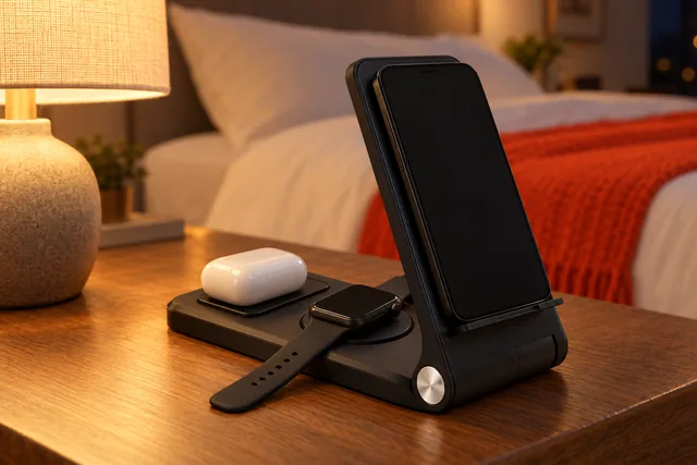 The black OnyxArc on a wooden nightstand at bedtime, a phone upright on its stand, a watch and an earbuds case on its pads, a lamp lit