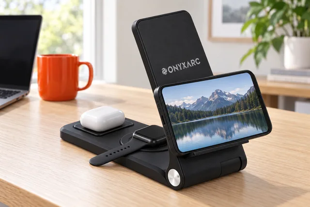 The black OnyxArc charger open on a desk, a phone resting sideways on its stand showing a mountain lake, a watch and an earbuds case on its pads