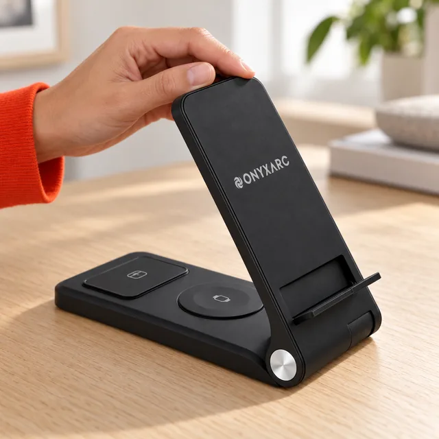 A hand folding the upright panel of the black OnyxArc down toward its base, the silver hinge disc and the two pads in view