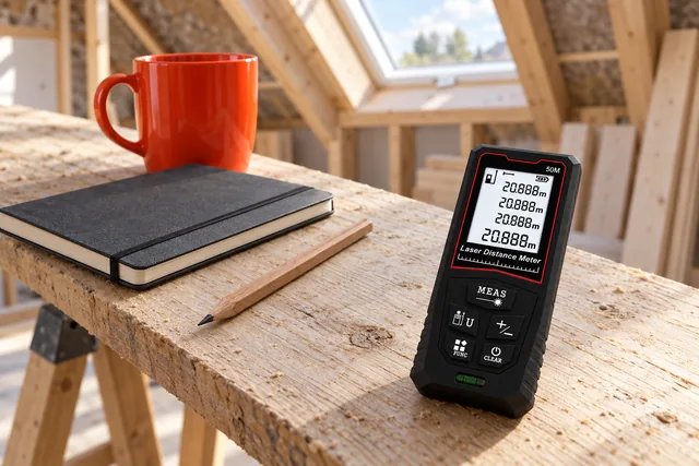 The black Optibolt standing upright on a plank across trestles in a loft being fitted out, a notebook, a pencil and a mug beside it