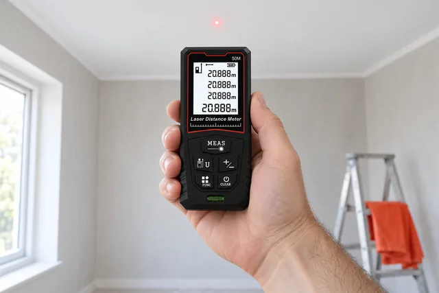 A hand holding the black Optibolt laser distance meter upright in a bright room under renovation, its red laser dot on the white ceiling above it and a stepladder behind
