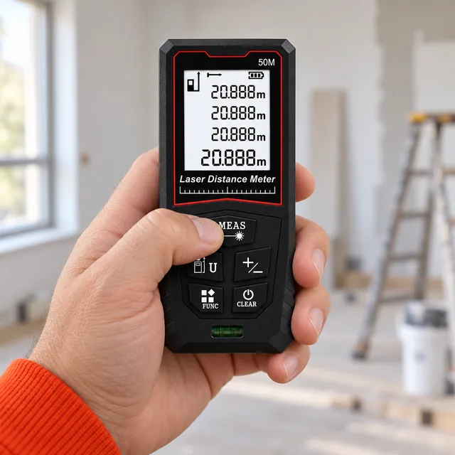 A thumb pressing the MEAS key of the black Optibolt, its lit display above and the other keys below