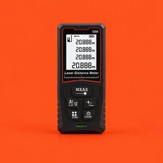 Optibolt, the black handheld laser distance meter with its display, five keys and bubble vial, face on, on a vermilion background