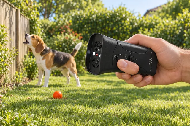 A hand pointing the black Pet Zen Pro at a beagle barking at a garden fence, the thumb on its ON button, a ball on the lawn