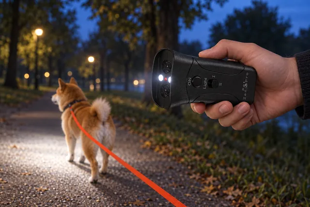 A hand holding the black Pet Zen Pro with its two lights on along a park path at dusk, a dog on a lead walking ahead