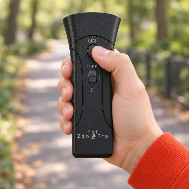 A thumb on the ON button of the black Pet Zen Pro, the slide switch below it marked Light, I and II