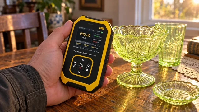 Una mano sostiene el PrecisionRad amarillo y negro, con la pantalla encendida, junto a unos cuencos de cristal verde y un vaso sobre una mesa de madera al sol