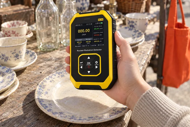 Una mano sostiene el PrecisionRad amarillo y negro sobre un plato antiguo en un puesto de mercadillo, con la pantalla encendida y tazas y botellas de cristal alrededor
