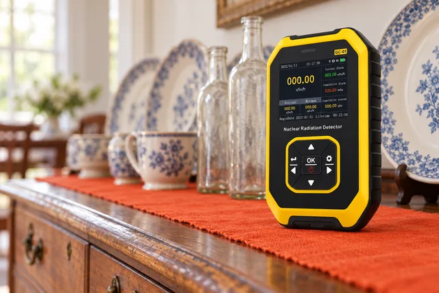 El PrecisionRad amarillo y negro, de pie sobre un viejo aparador de madera entre platos estampados, tazas y botellas de cristal, con la pantalla encendida
