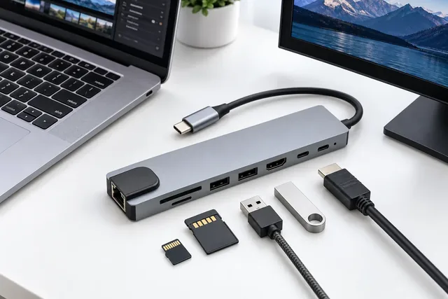 The PrismPort hub on a white desk between a laptop and a monitor, a microSD card, an SD card, a USB plug, a silver USB stick and an HDMI plug laid before its ports