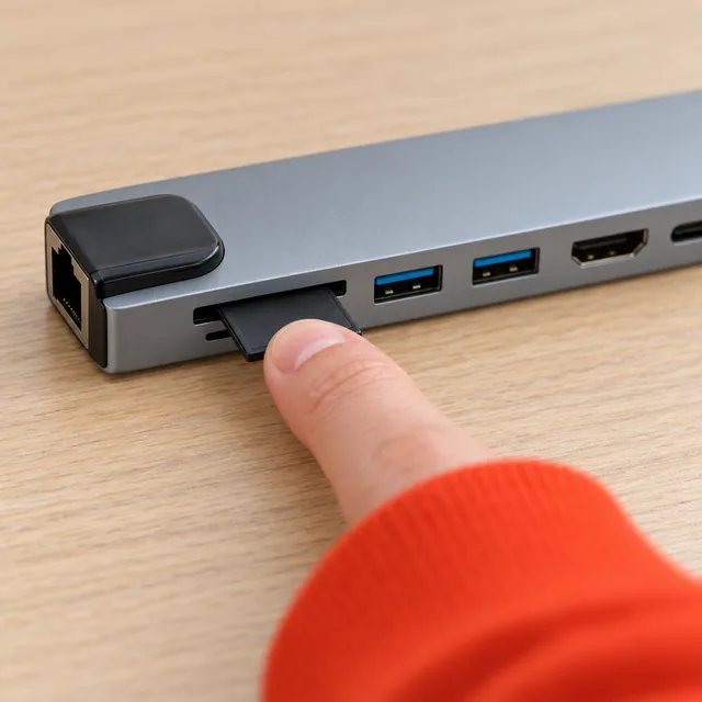 A fingertip sliding an SD card into the slot of the gray PrismPort, its network socket, two blue USB-A sockets and HDMI port beside it
