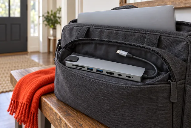 The gray PrismPort hub in the open front pocket of a dark laptop bag on a bench, a laptop in the bag behind it