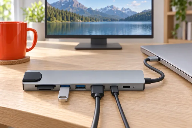 The gray PrismPort hub on a desk, its cable in a laptop, a USB stick and two cables plugged into it, a monitor behind showing a lake
