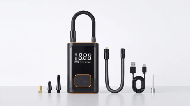 The PumpWhiz with its looped braided hose standing on white beside a brass adapter, two black cone nozzles, a short braided hose, a USB cable and a needle