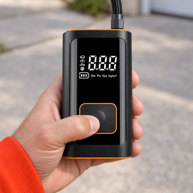 A thumb on the round power key in the orange framed pad of the black PumpWhiz, the lit display and its units above
