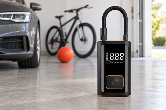 The black PumpWhiz standing on a garage floor with its hose looped, a car, a bicycle and a ball behind it