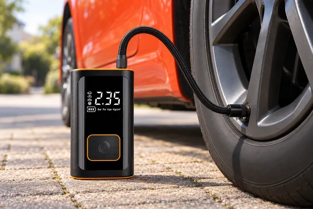 The black PumpWhiz standing on a driveway beside a car's front tire, its braided hose screwed onto the valve and its display lit