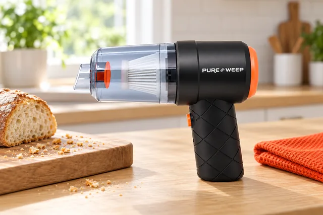 The black PureSweep standing on its grip on a kitchen counter beside a bread board with half a loaf and crumbs