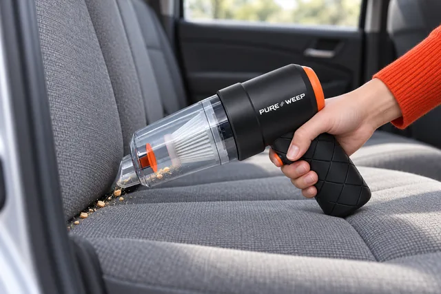 A hand holding the black PureSweep with its nozzle at the seam of a gray car seat, crumbs lifting into it