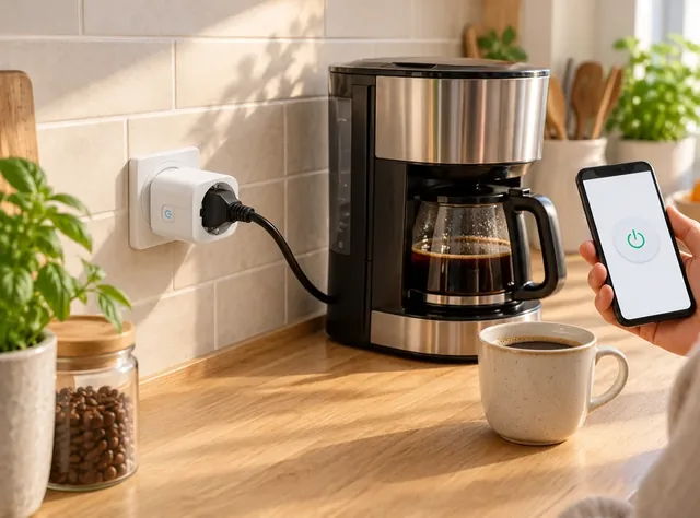 The white PureWatt in a kitchen wall socket with a coffee machine's black plug in it, a hand holding a phone with a green power button on its screen