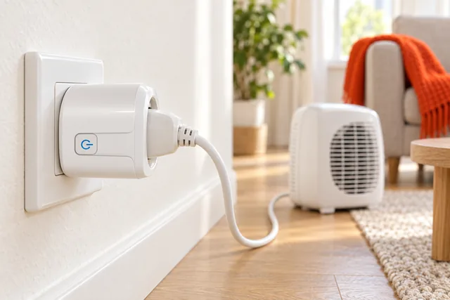 The white PureWatt smart plug in a low wall socket of a living room, a small fan heater's cable plugged into it, the heater by an armchair