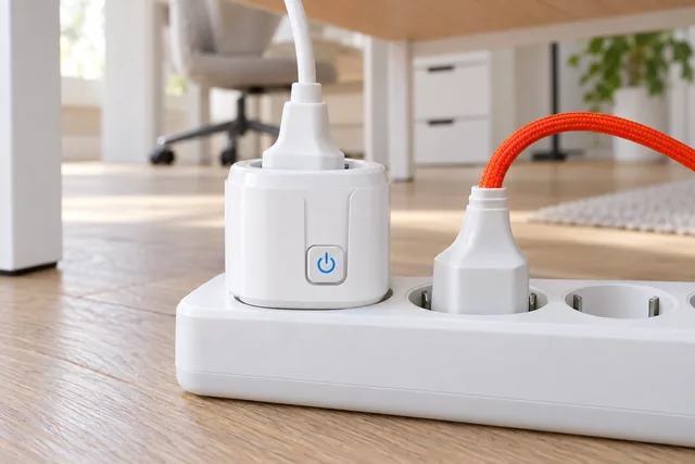 The white PureWatt in a power strip on the floor under a desk, a white plug in it and another plug fitting in the socket right beside it