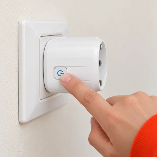 A fingertip pressing the button with the blue power symbol on the white PureWatt in a wall socket
