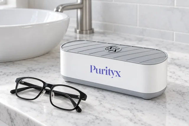 The white Purityx cleaner with its gray ribbed lid on a marble bathroom counter beside a basin, a pair of black framed glasses folded in front of it