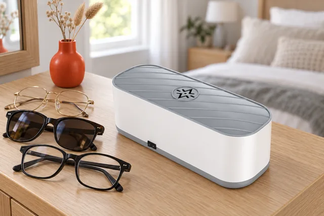 The closed white Purityx on a wooden dresser beside three pairs of glasses, thin gold frames, sunglasses and black frames, and a small vase