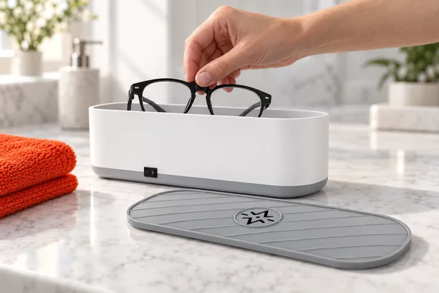 A hand lifting a pair of black framed glasses out of the open white Purityx on a marble bathroom counter, its gray lid beside it