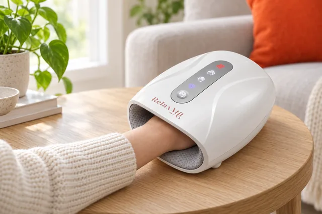 A hand resting inside the white RelaxMit on a wooden side table by a sofa, the touch strip on its top lit