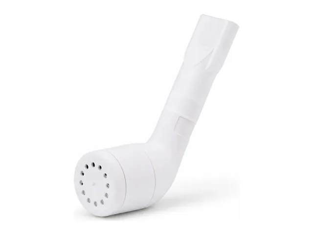 The white RespiraFix on its own on white, the holed cap at the lower left and the frosted mouthpiece at the upper right
