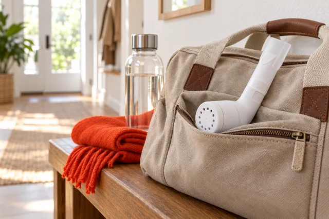 The white RespiraFix tucked in the front pocket of a canvas weekend bag on a hall bench, a scarf and a water bottle beside it