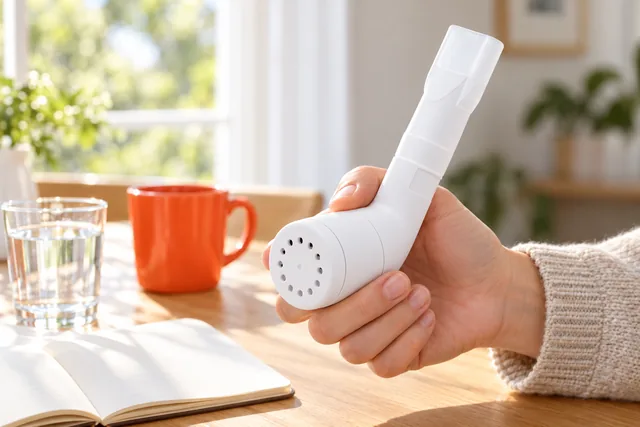 A hand holding the white RespiraFix upright at a breakfast table, its mouthpiece up and its holed cap toward the camera