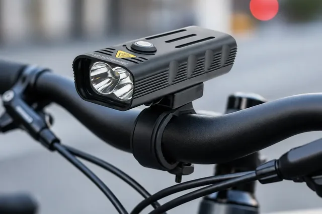 The black Ridelight Pro on its clamp on a bicycle handlebar in a city street, its two lenses facing the camera