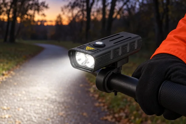 The black Ridelight Pro clamped on a bicycle handlebar on a park path at dusk, both lenses lit and its beam on the path, a gloved hand on the grip