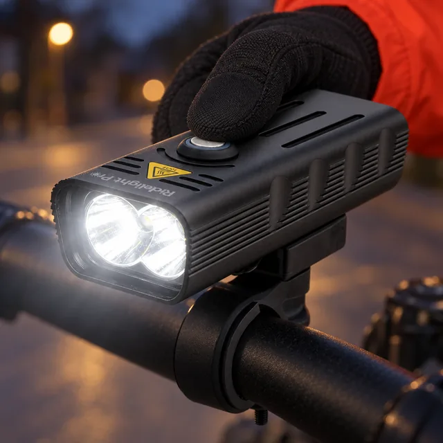 A gloved thumb on the round silver button on top of the Ridelight Pro, mounted on a handlebar, both lenses lit