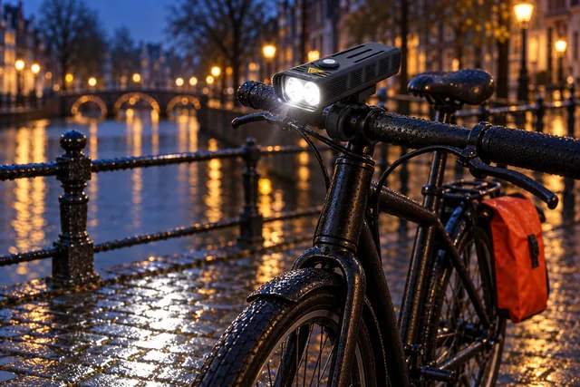 A bicycle leaning on a canal railing at dusk after rain, the Ridelight Pro lit on its handlebar, wet cobbles shining below