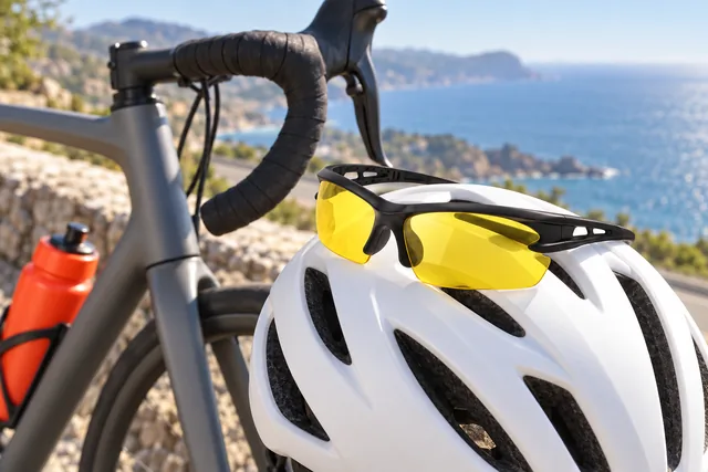 The RideSight glasses resting on a white bicycle helmet hung on the handlebar of a road bike by a coast road, a water bottle in its cage